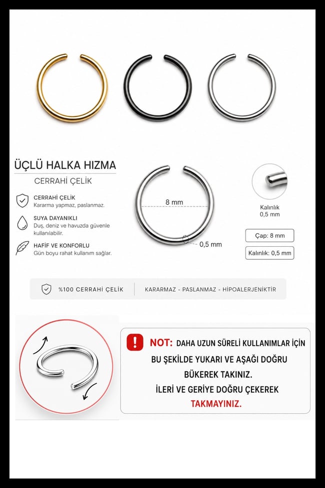 Gri Üçlü Halka Hızma | Cerrahi Çelik | İnce Tel | Gümüş Renk Burun Piercing