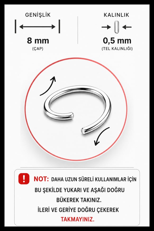Gri Üçlü Halka Hızma | Cerrahi Çelik | İnce Tel | Gümüş Renk Burun Piercing