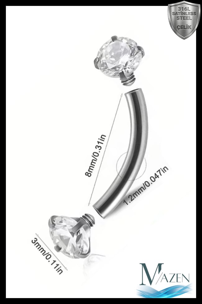 Gümüş Renk Çift Zirkon Taşlı Tırnaklı Kaş Piercingi (Curved Barbell)