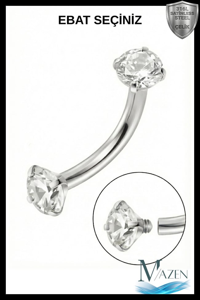 Gümüş Renk Çift Zirkon Taşlı Tırnaklı Kaş Piercingi (Curved Barbell)