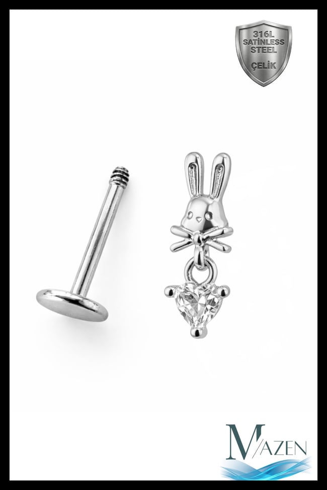 Gümüş Renk Tavşan Figürlü Sallantılı Tragus Helix Piercing | 316L Çelik | Rabbit Flat Back