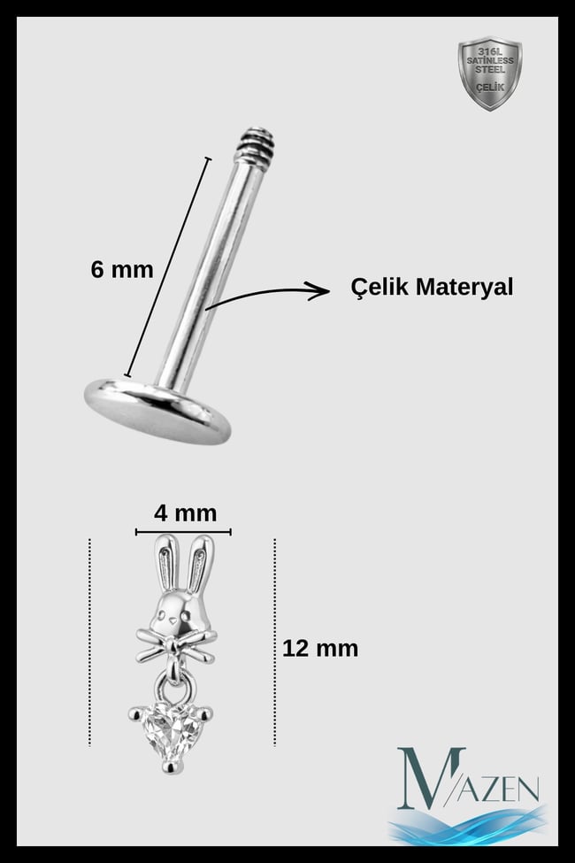 Gümüş Renk Tavşan Figürlü Sallantılı Tragus Helix Piercing | 316L Çelik | Rabbit Flat Back