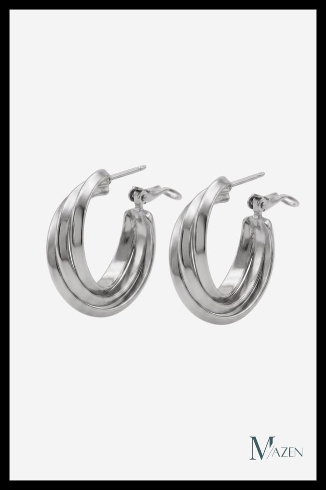 Gümüş Renk Üç Şerit Geçişli Oval Halka Küpe Kalın Metal Kadın Küpe