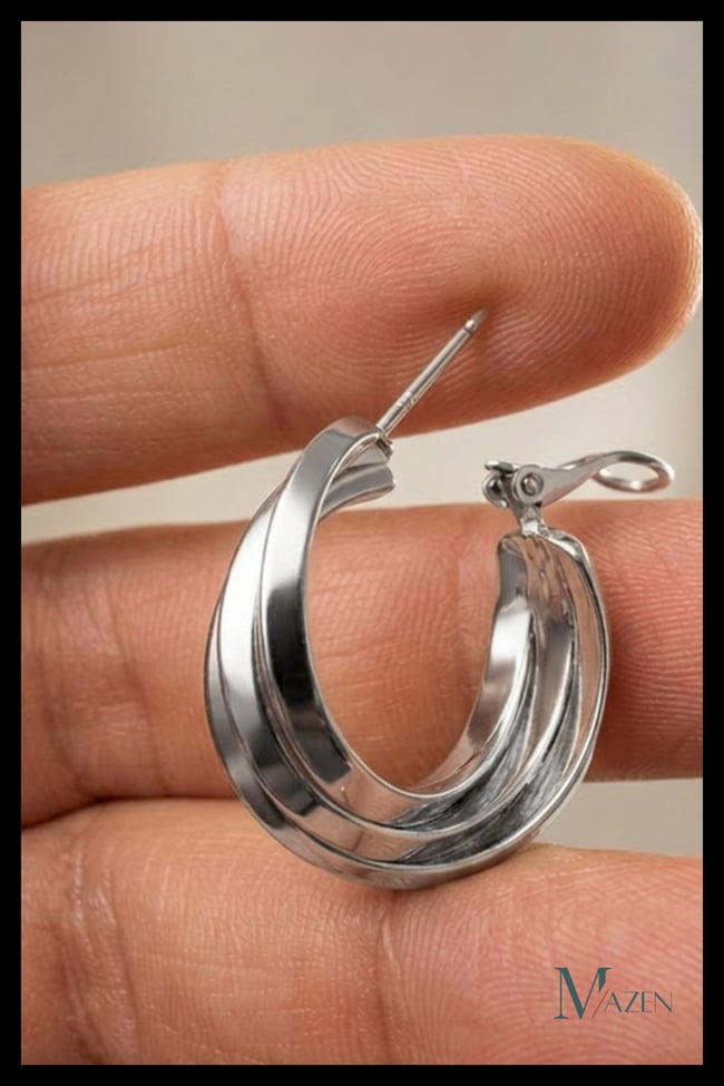 Gümüş Renk Üç Şerit Geçişli Oval Halka Küpe Kalın Metal Kadın Küpe