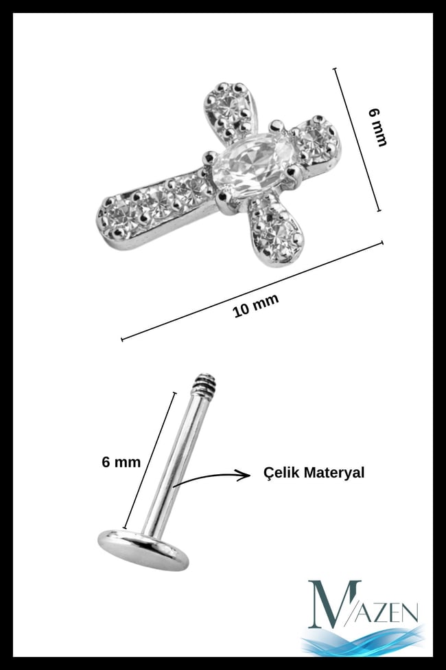 Haç Model Taşlı Arkası Düz Piercing | 316L Çelik | Gümüş Renk | Tragus Helix Kulak Piercing