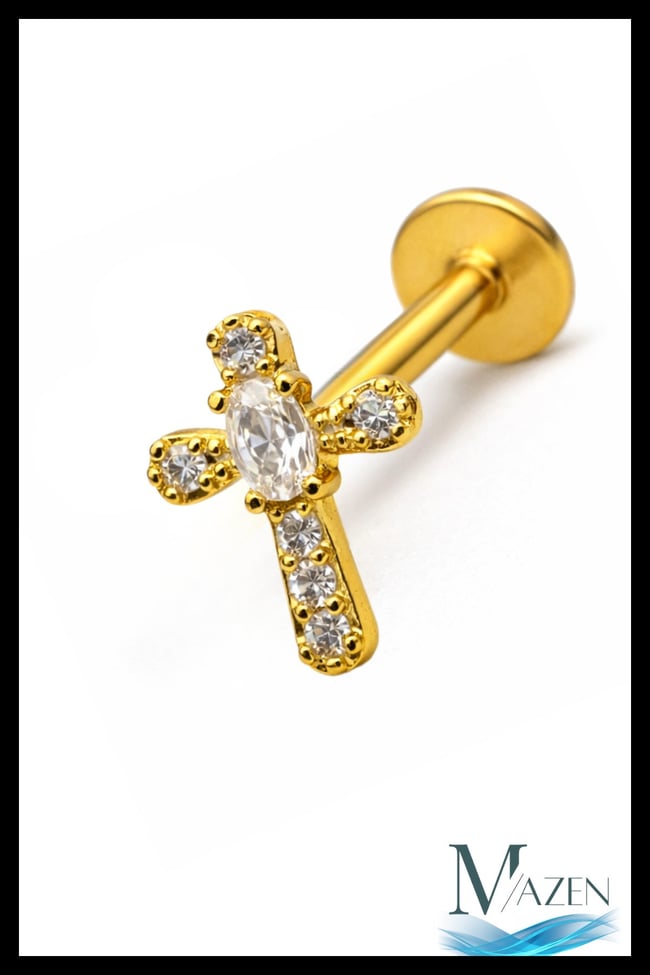 Haç Model Taşlı Arkası Düz Piercing | 316L Çelik | Gold Renk | Tragus Helix Kulak Piercing