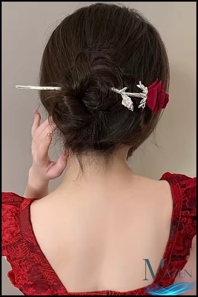 Hair Stick/Pin Japon Stil Metal Gül Figürlü Topuz Tokası | Kanzashi Saç Aksesuarı