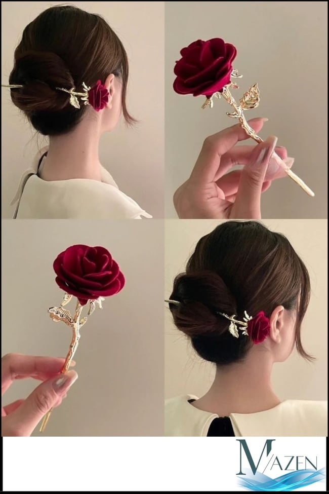 Hair Stick/Pin Japon Stil Metal Gül Figürlü Topuz Tokası | Kanzashi Saç Aksesuarı