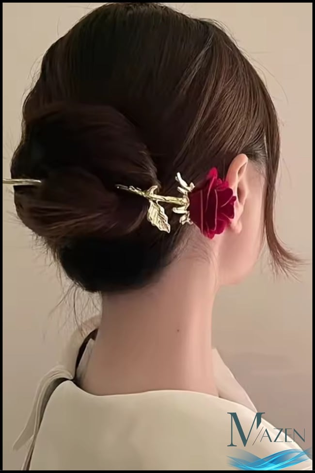 Hair Stick/Pin Japon Stil Metal Gül Figürlü Topuz Tokası | Kanzashi Saç Aksesuarı