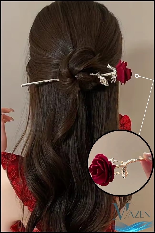 Hair Stick/Pin Japon Stil Metal Gül Figürlü Topuz Tokası | Kanzashi Saç Aksesuarı