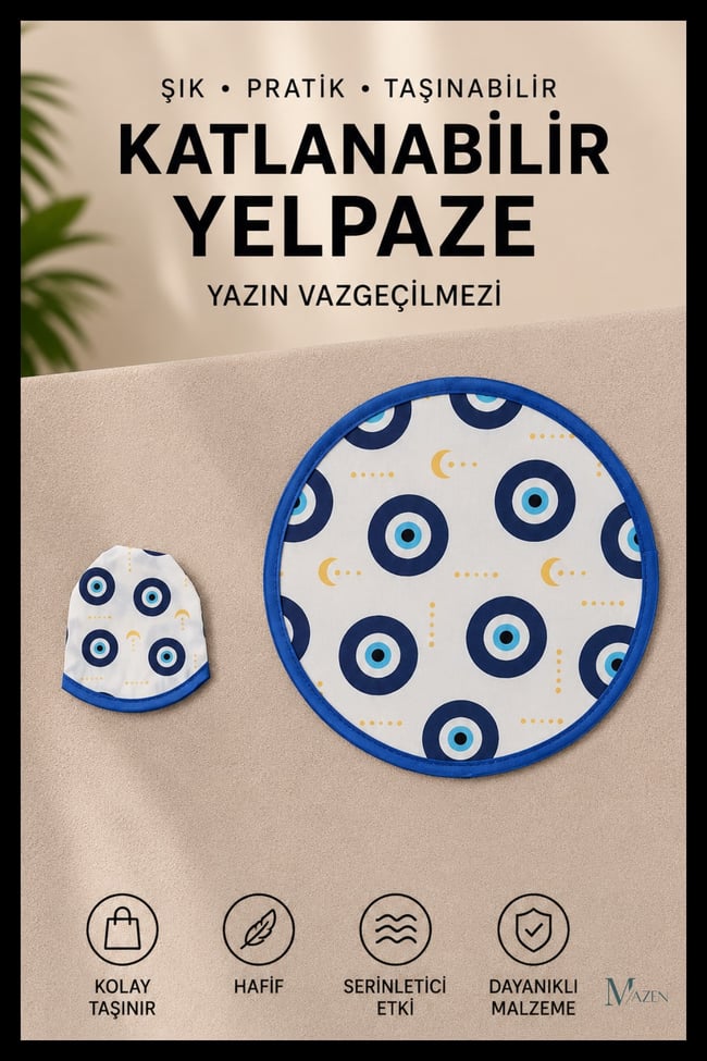 Hilal Nazar Boncuğu Desenli Katlanabilir Yuvarlak Yazlık Taşınabilir El Yelpazesi