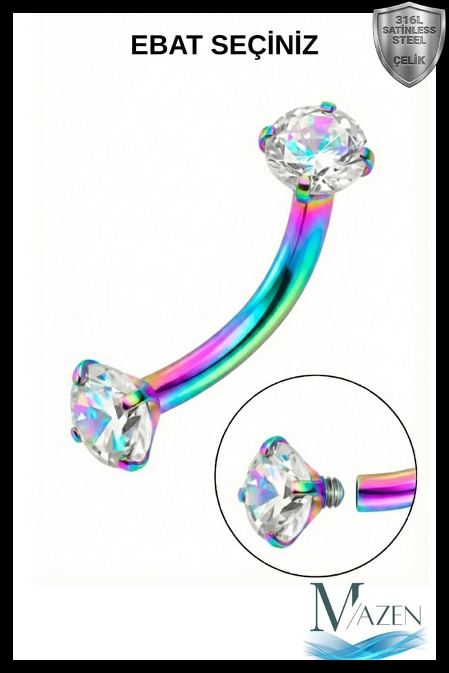 Hologramlı Gökkuşağı (Rainbow) Renk Çift Zirkon Taşlı Tırnaklı Kaş Piercingi (Curved Barbell)