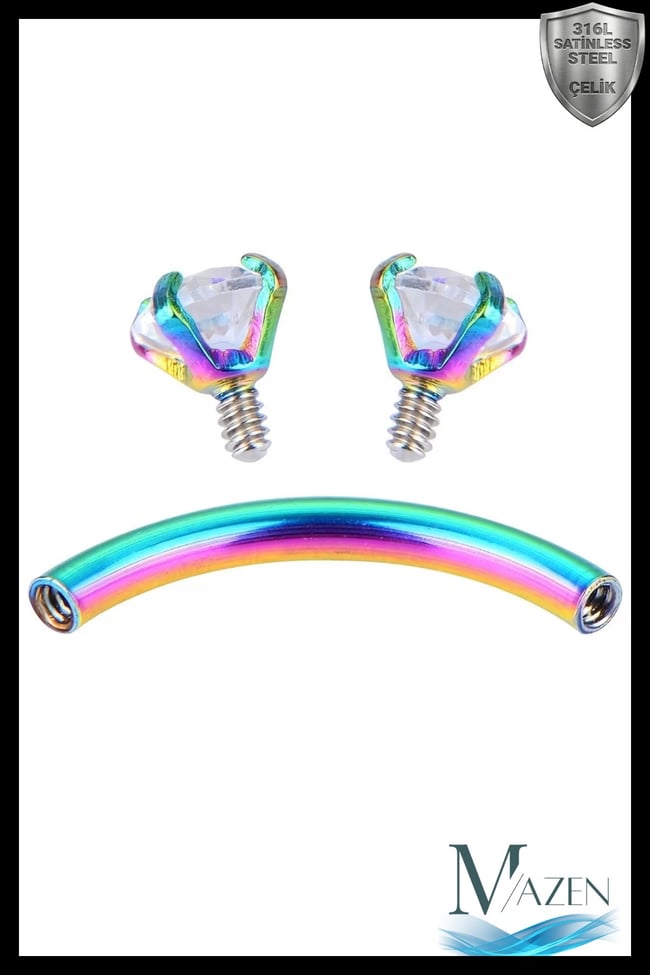 Hologramlı Gökkuşağı (Rainbow) Renk Çift Zirkon Taşlı Tırnaklı Kaş Piercingi (Curved Barbell)