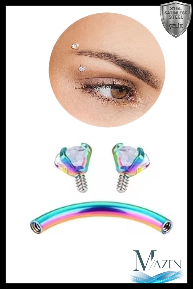 Hologramlı Gökkuşağı (Rainbow) Renk Çift Zirkon Taşlı Tırnaklı Kaş Piercingi (Curved Barbell)