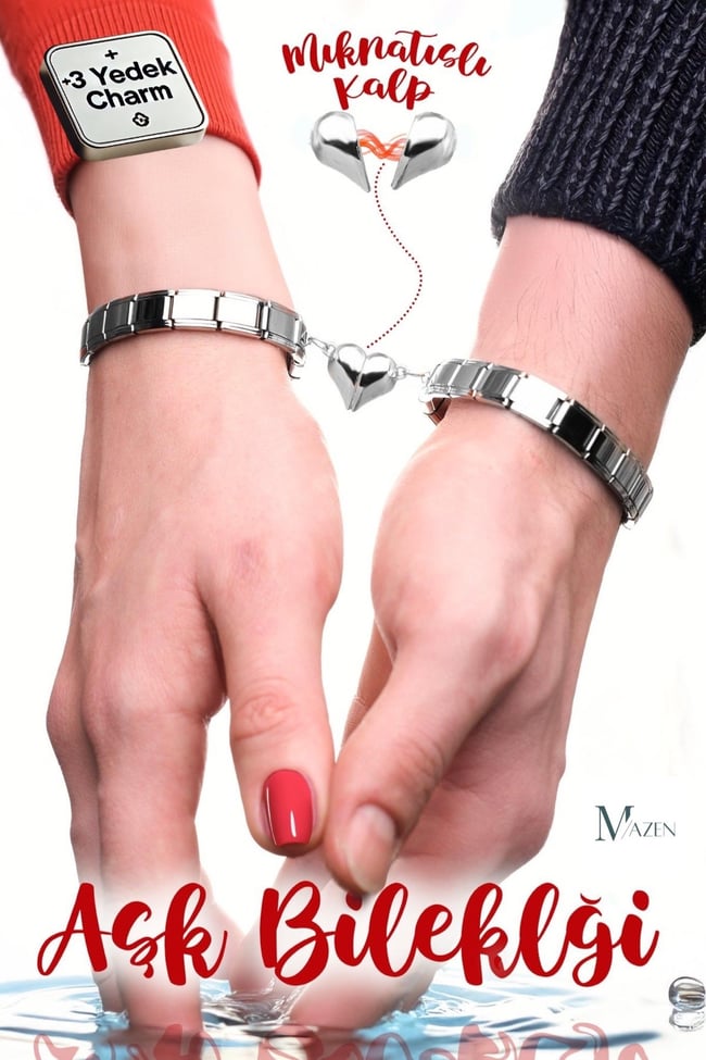 İkili Mıknatıslı Kalp İtalyan Charm Bilekliği, Sevgili Çift Bilekliği 18 cm Çelik ( Yedek Charmlı)