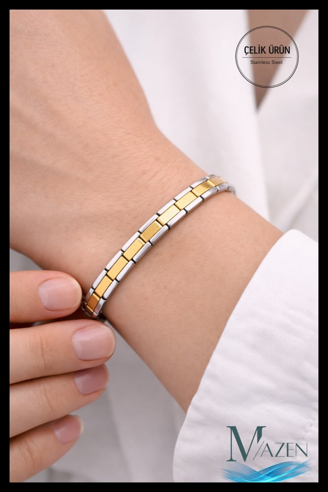 İnce Barlı 7 mm Çelik İtalyan Charm Bileklik Çift Renk 18 cm
