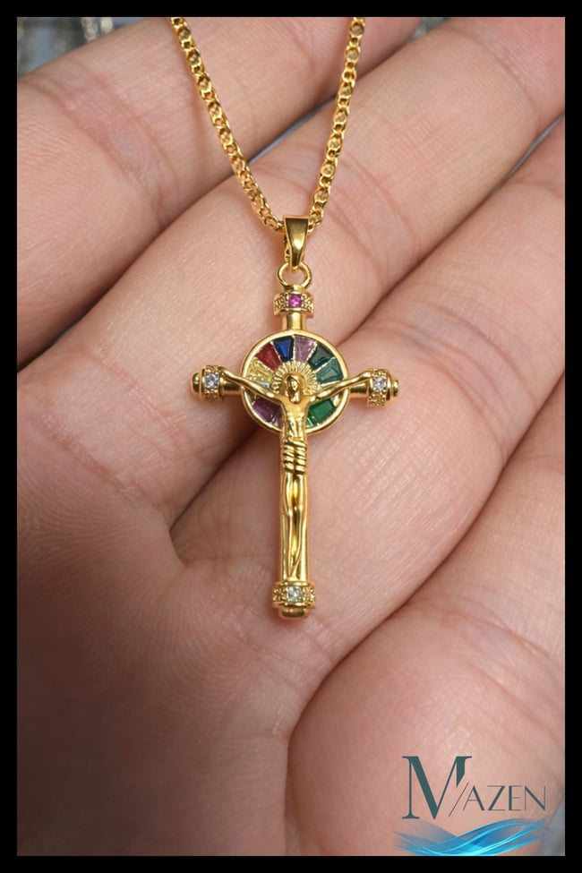 İsa Figürlü Crucifix Çarmıh Kolye | Gold Renk Ezme Pullu Zincir | Unisex Takı Aksesuar