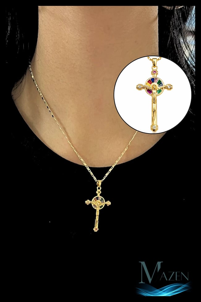İsa Figürlü Crucifix Çarmıh Kolye | Gold Renk Ezme Pullu Zincir | Unisex Takı Aksesuar