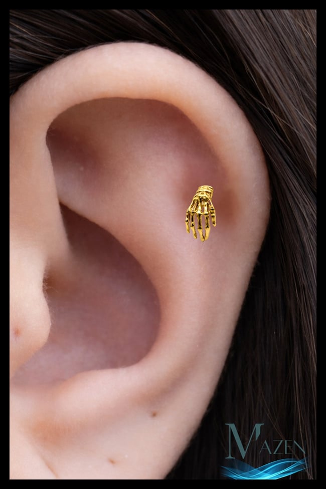 İskelet El Model Arkası Düz Piercing | 316L Çelik | Gold Renk | Tragus Helix Kulak Piercing