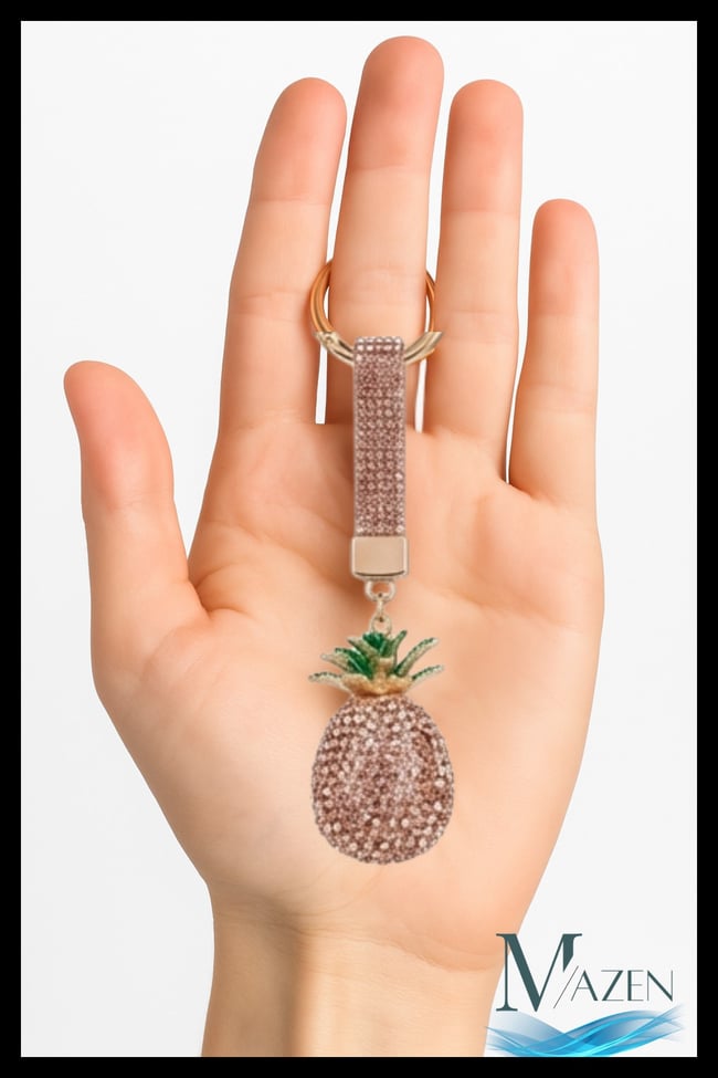 Kahve Kristal Taşlı Ananas Figürlü Lüks Anahtarlık Charm ve Çanta Süsü - Işıltılı Araba Anahtarlığı