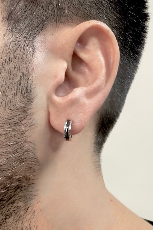 Kaliteli Sıkıştırmalı Fake Siyah Çizgili Deliksiz Çelik Erkek Küpe Earcuff 1 Adet