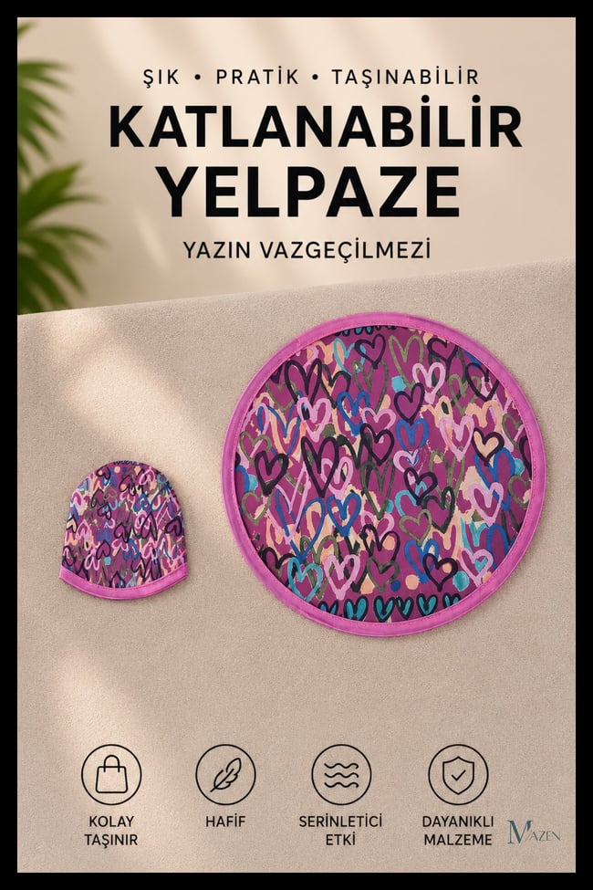 Kalp Desenli Katlanabilir Yuvarlak Yazlık Taşınabilir El Yelpazesi