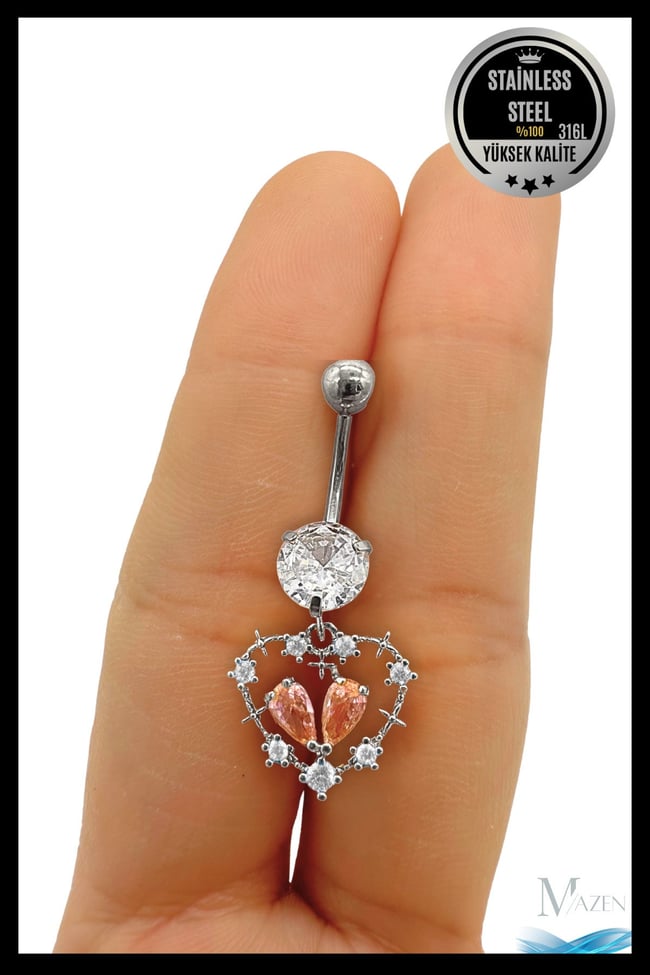 Kalp Model Sallantılı Göbek Piercing | 316L Çelik Kararmaz | Pembe Taşlı Takı Aksesuar | Pirsing