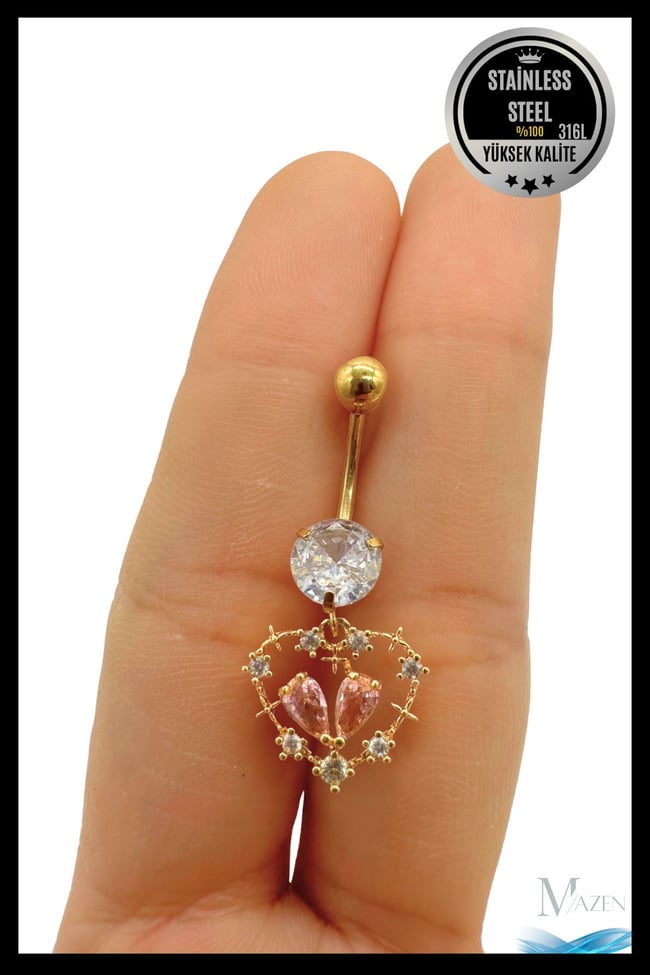 Kalp Model Sallantılı Göbek Piercing | 316L Çelik Kararmaz | Pembe Taşlı Takı Aksesuar | Pirsing