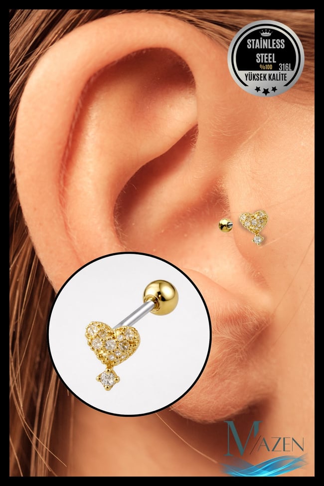 Kalp Model Taşlı Sallantılı Tragus Piercing | Gold Renk 316L Çelik | Zarif Kıkırdak Piercing