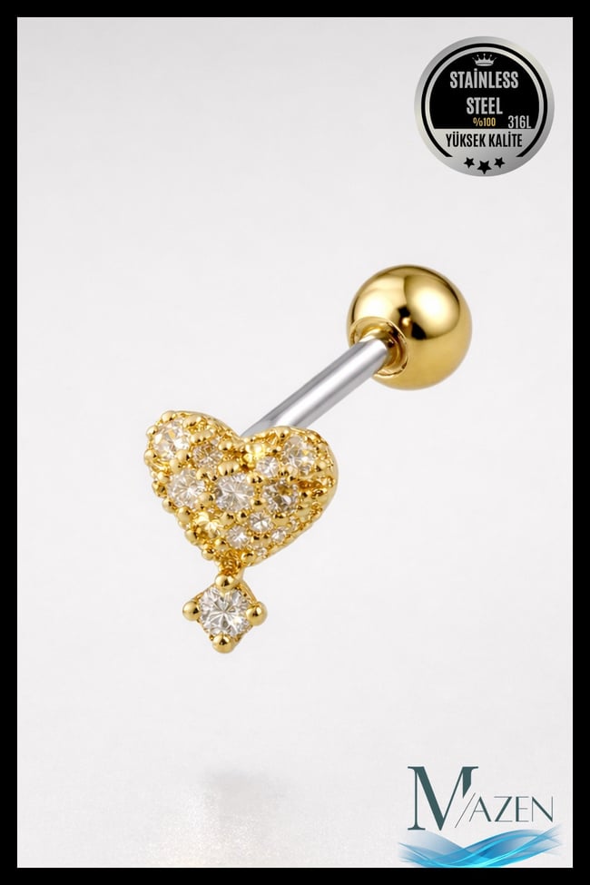 Kalp Model Taşlı Sallantılı Tragus Piercing | Gold Renk 316L Çelik | Zarif Kıkırdak Piercing