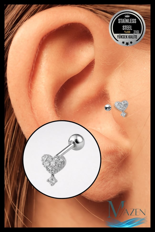 Kalp Model Taşlı Sallantılı Tragus Piercing | Gümüş Renk 316L Çelik | Zarif Kıkırdak Piercing
