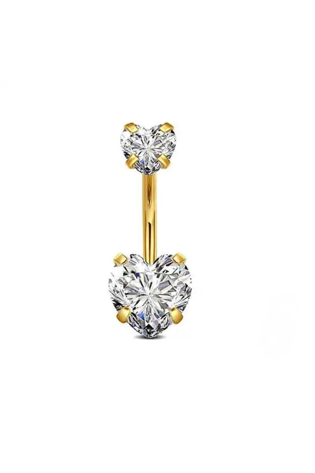 Kalp Zirkon Taşlı Göbek Piercing | 316L Çelik | Gold Bar | Kararmaz Antialerjik