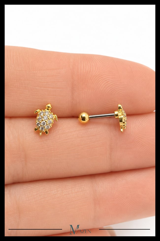 Kaplumbağa Tragus Piercing Çelik Gold Renk Sevimli Figürlü