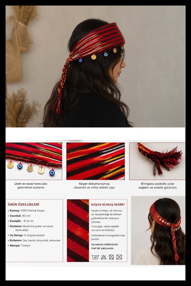 Karadeniz Keşan Bandana | Nazar Boncuklu & Liralı | Geleneksel Dokuma Aksesuar Saç Bandı