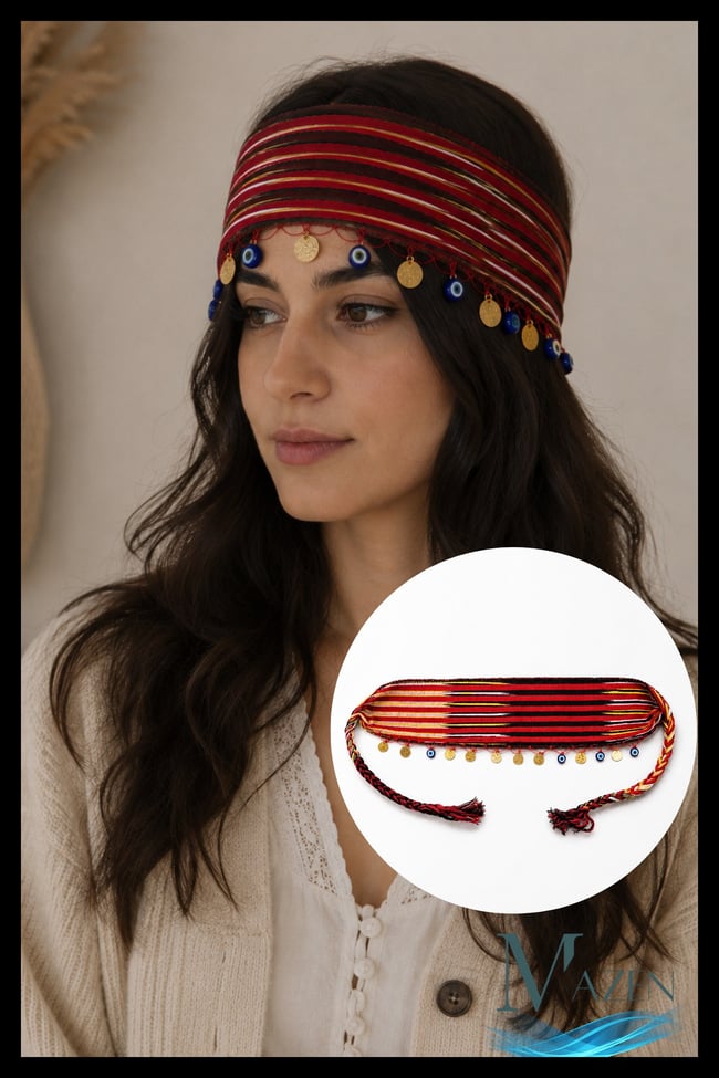 Karadeniz Keşan Bandana | Nazar Boncuklu & Liralı | Geleneksel Dokuma Aksesuar Saç Bandı