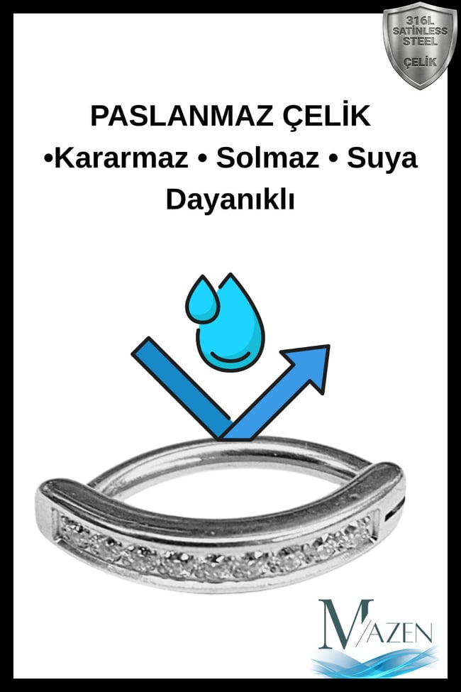 Kararmaz Cerrahi Çelik Zirkon Taşlı Menteşeli Clicker Halka Piercing D-Form