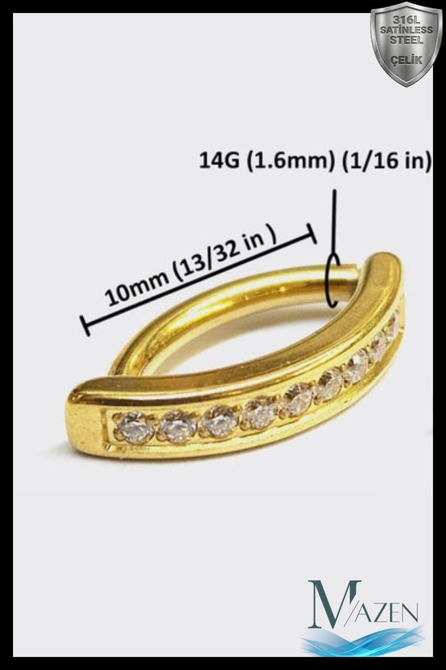 Kararmaz Cerrahi Çelik Zirkon Taşlı Menteşeli Clicker Halka Piercing D-Form