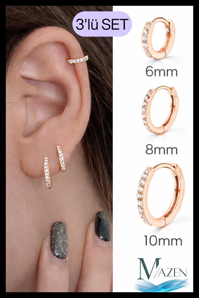 Kararmaz Minimal Zirkon Taşlı Halka Piercing Küpe 3’lü Set | 6-8-10 mm | ROSE
