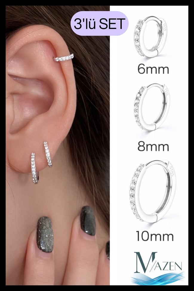 Kararmaz Minimal Zirkon Taşlı Halka Piercing Küpe 3’lü Set | 6-8-10 mm | GÜMÜŞ RENK