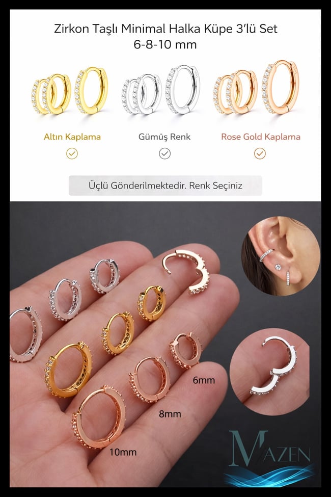 Kararmaz Minimal Zirkon Taşlı Halka Piercing Küpe 3’lü Set | 6-8-10 mm | GÜMÜŞ RENK