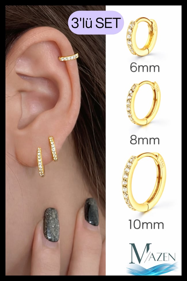 Kararmaz Minimal Zirkon Taşlı Halka Piercing Küpe 3’lü Set | 6-8-10 mm | GOLD