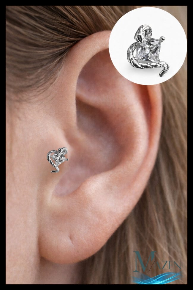 Kare Zirkon Taşlı Yılan Tragus Helix Piercing | Viper Square | 316L Çelik Gümüş Renk
