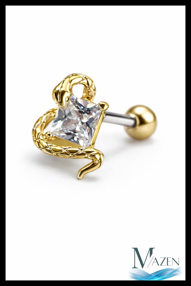 Kare Zirkon Taşlı Yılan Tragus Helix Piercing | Viper Square | 316L Çelik Gold Renk