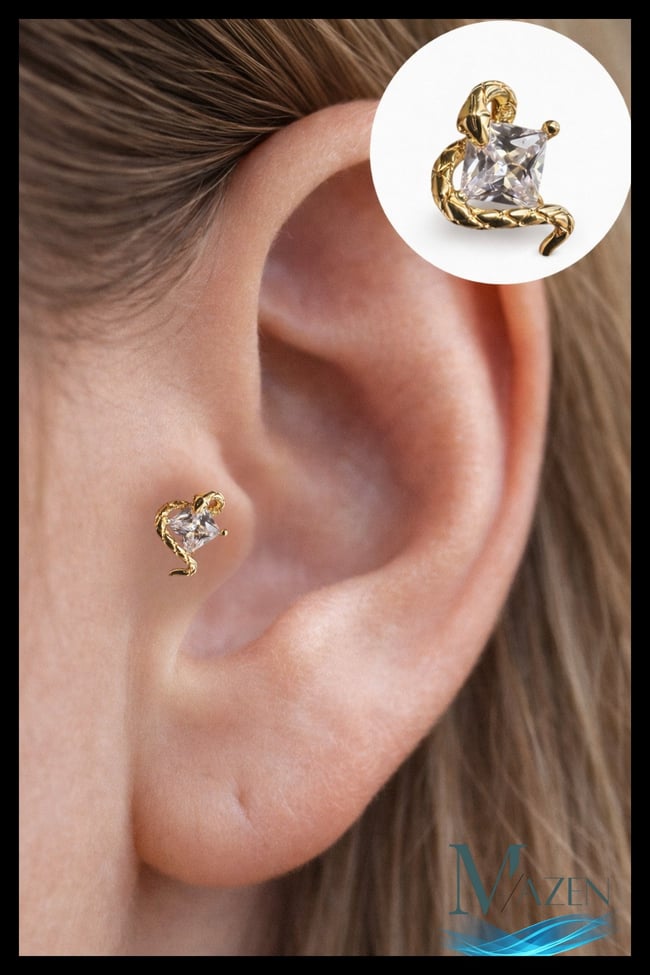 Kare Zirkon Taşlı Yılan Tragus Helix Piercing | Viper Square | 316L Çelik Gold Renk