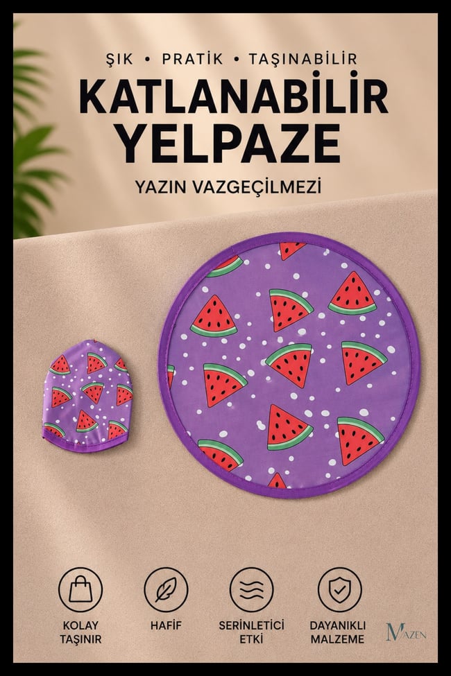 Karpuz Dilimi Desenli Katlanabilir Yuvarlak Yazlık Taşınabilir El Yelpazesi