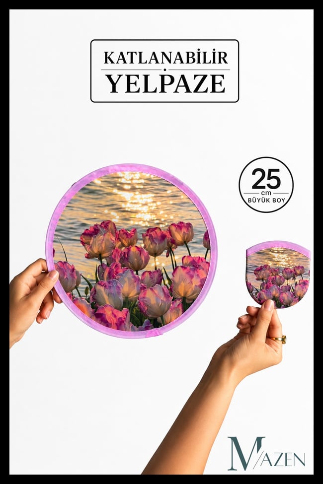 Katlanabilir Yelpaze 25 cm Büyük Boy Kore Yelpazesi Gül Desenli Taşınabilir El Yelpazesi