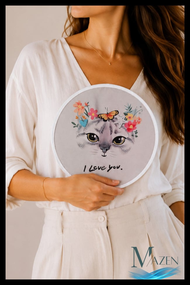 Kedi Desenli Katlanabilir Yuvarlak Yazlık Taşınabilir El Yelpazesi