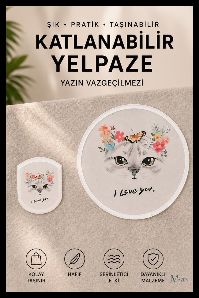 Kedi Desenli Katlanabilir Yuvarlak Yazlık Taşınabilir El Yelpazesi