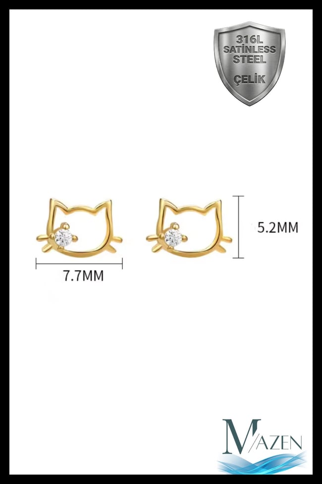Kedi Figürlü Tragus Helix Piercing | Çelik | Flat Back Arkası Düz | Kararmaz | Küpe