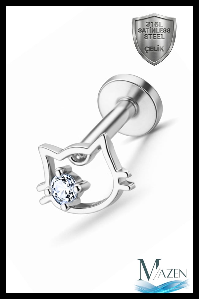 Kedi Figürlü Tragus Helix Piercing | Çelik | Flat Back Arkası Düz | Kararmaz | Küpe